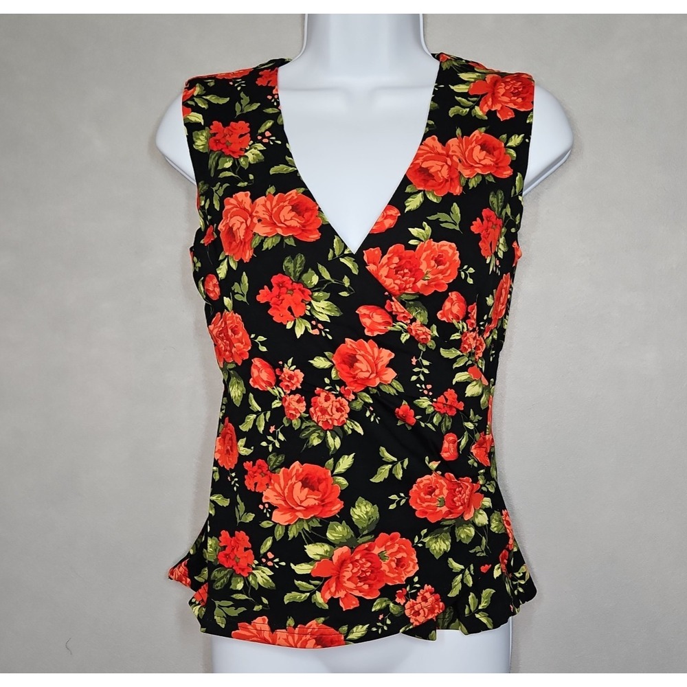 By Design Womens Black Red Rose Print Faux Wrap Sleeveless Top Size Small NWT
